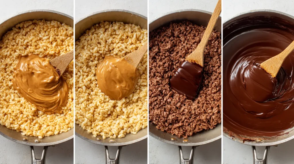Step-by-step process for making chocolate peanut butter rice krispie treats