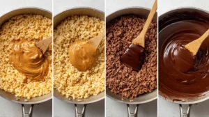Step-by-step process for making chocolate peanut butter rice krispie treats