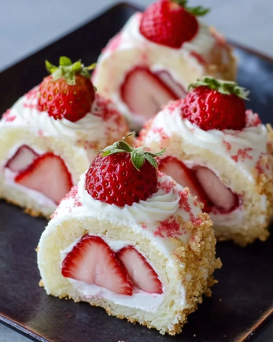 Strawberry Shortcake Cheesecake Sushi Rolls garnished with fresh strawberries and cream
