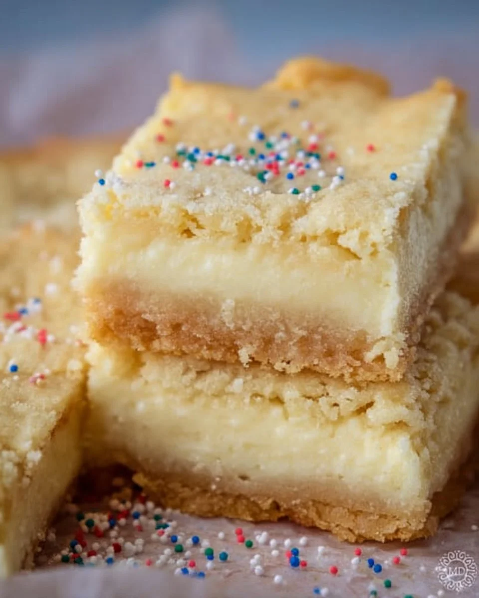 Delicious sugar cookie cheesecake bars topped with colorful sprinkles