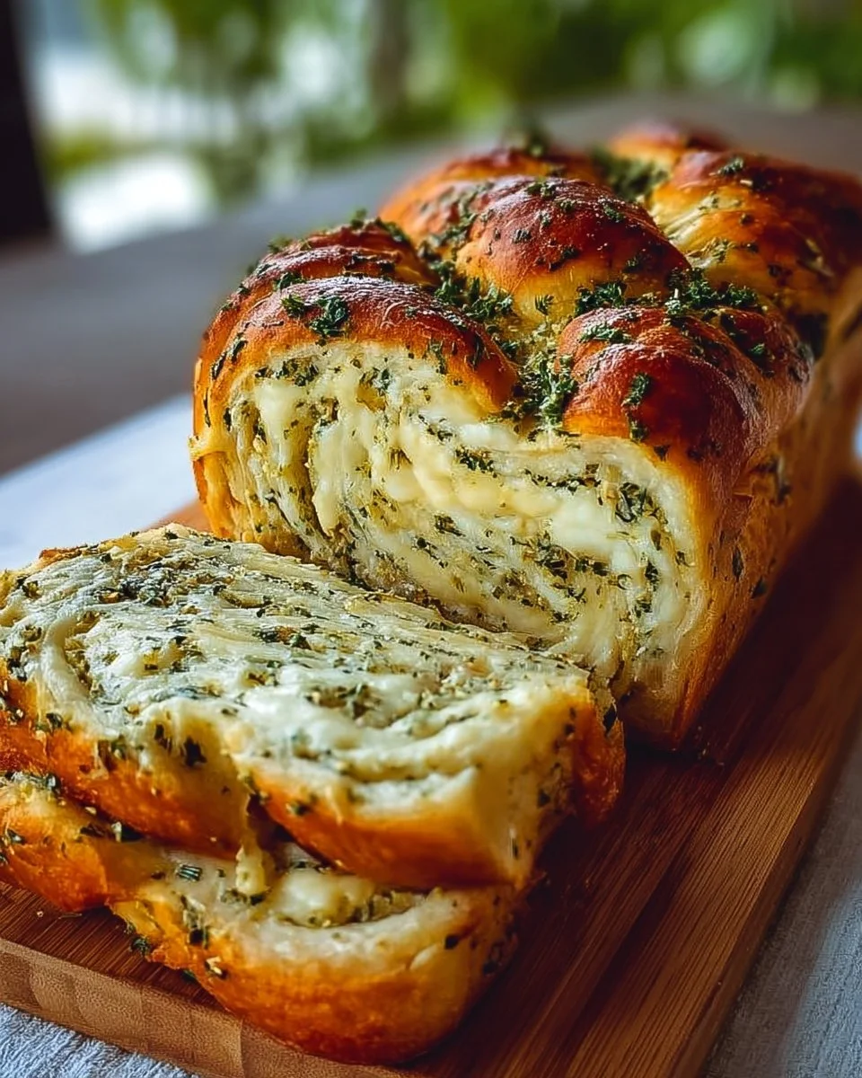Freshly baked swirled garlic herb and cheese bread with herbs