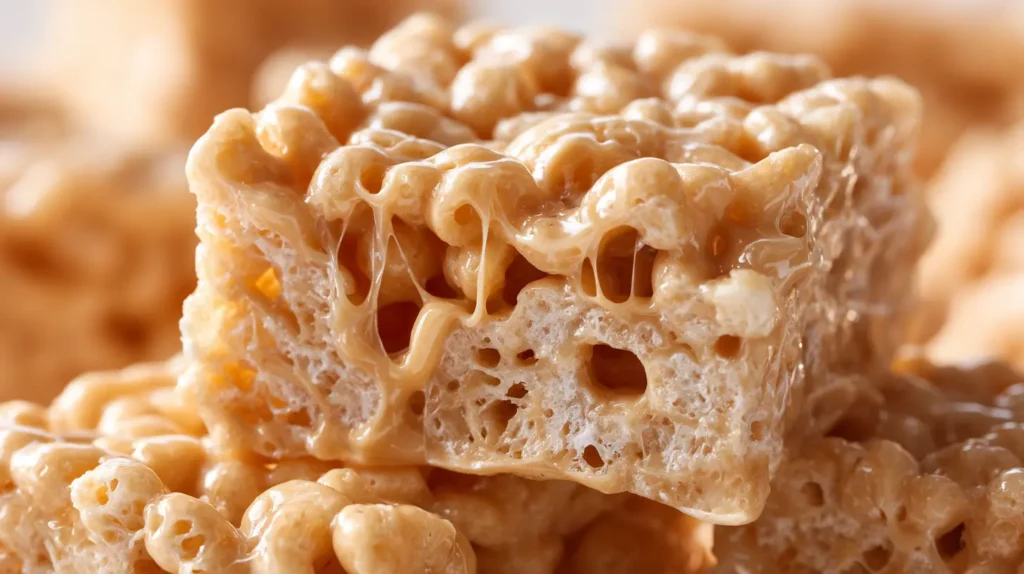 Close-up of folding cereal into peanut butter mixture for rice krispie treats