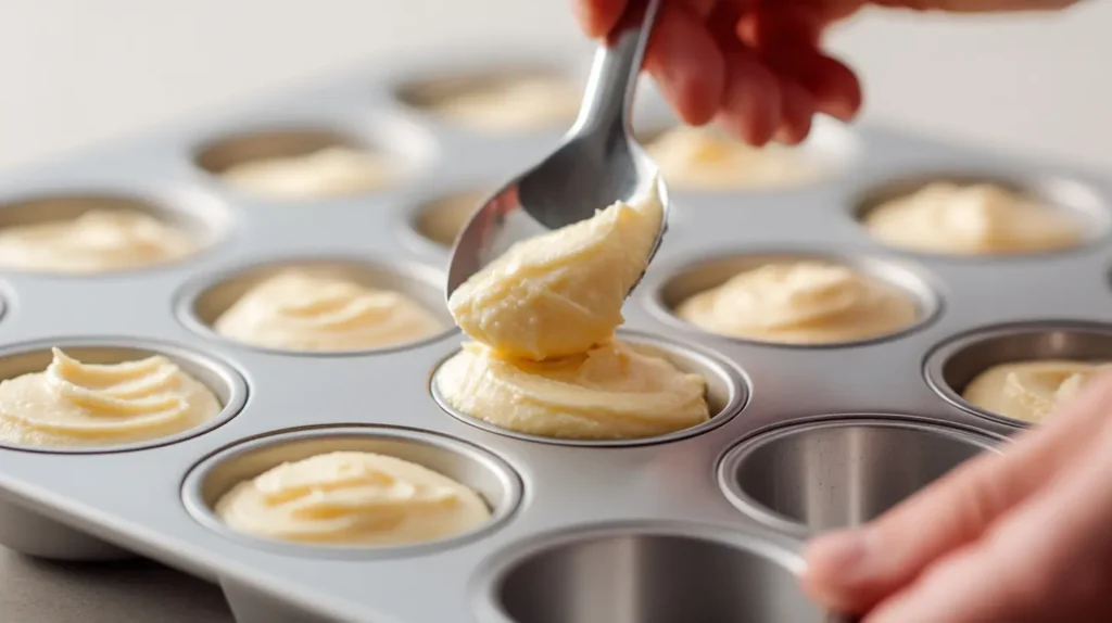 Scooping Pancake Poppers batter into muffin tin on white background
