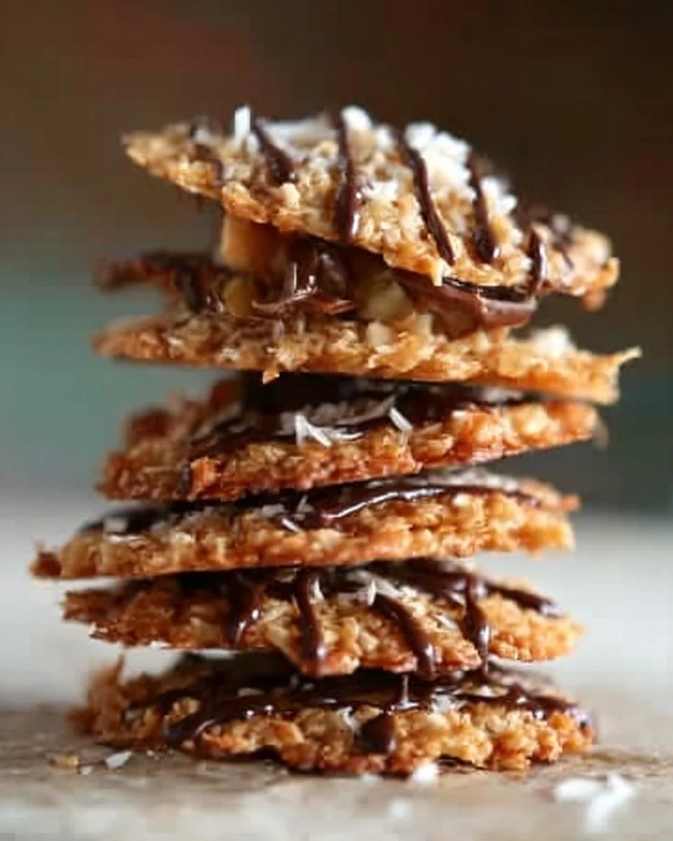 Thin crispy oatmeal cookies with toasted coconut and chocolate drizzle