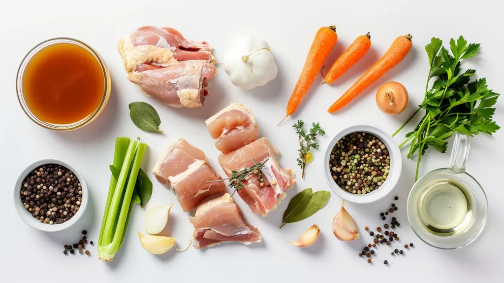 Turkey Bone Broth Recipe 1 Ingredients for a turkey bone broth recipe arranged on a white background.