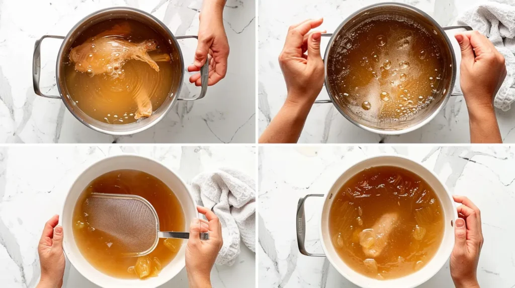 Turkey Bone Broth Recipe 2 Four-step collage showing how to make a turkey bone broth recipe from start to finish.