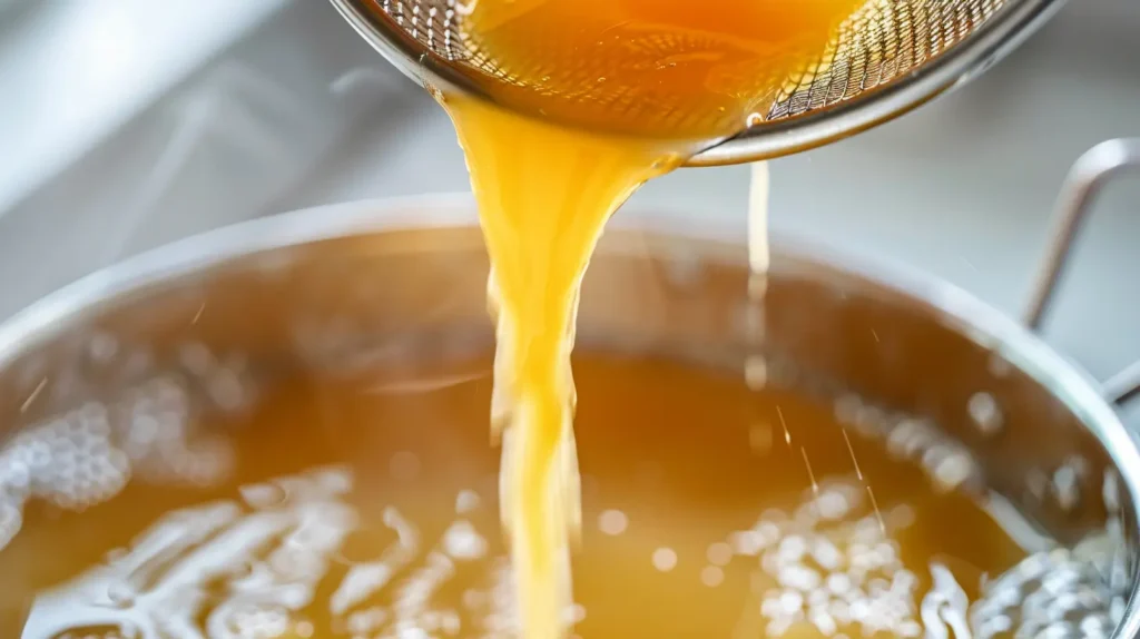 Turkey Bone Broth Recipe 3 Close-up of strained turkey bone broth showing clarity and gelatin richness.