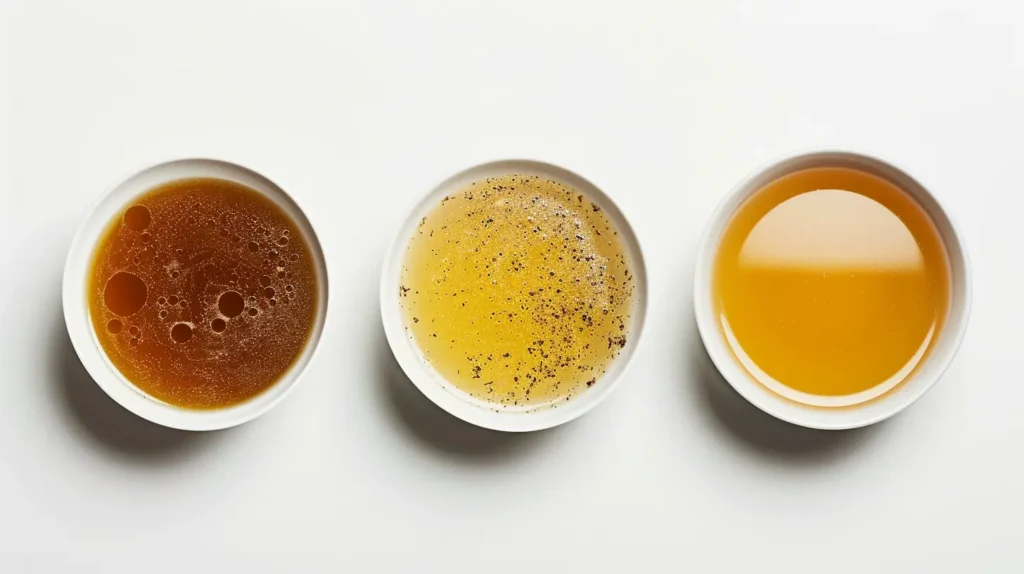Turkey Bone Broth Recipe 4 Three variations of turkey bone broth recipe displayed in bowls on a white background.