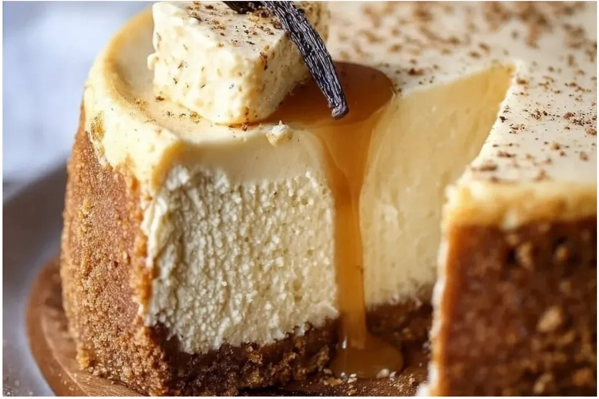 Delicious Vanilla Bean Brown Butter Cheesecake topped with caramel drizzle