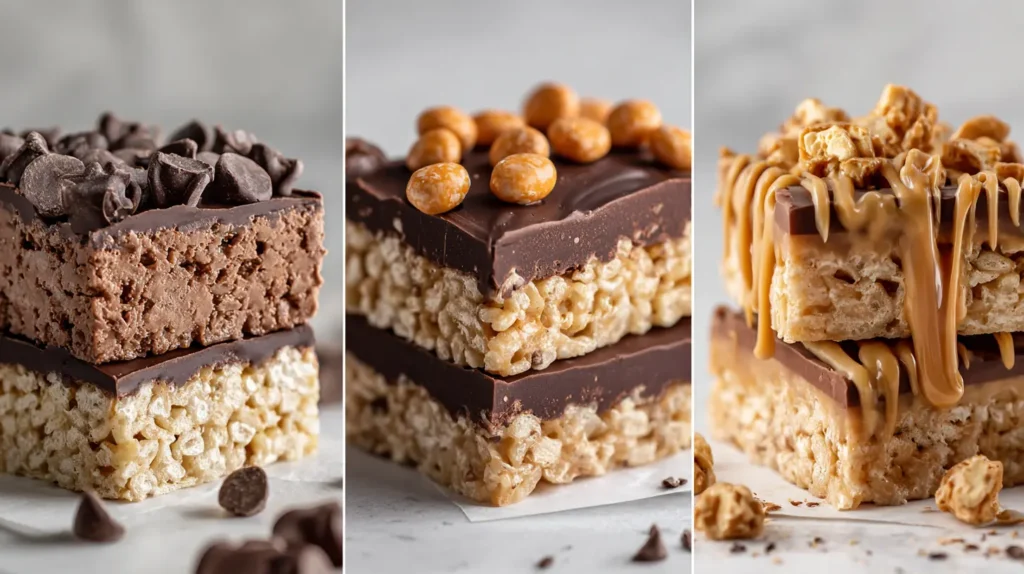 Three delicious variations of chocolate peanut butter rice krispie treats