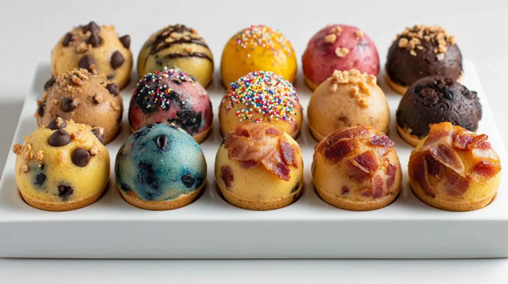 Four Pancake Poppers flavor variations on white tray and white background