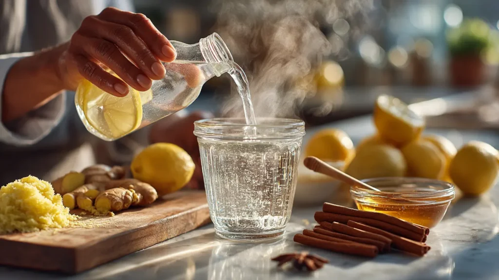 4 ingredient zepbound recipe chef hands preparing morning elixir for bariatric patients by combining apple cider vinegar fresh lemon juice and grated ginger in glass measuring cup