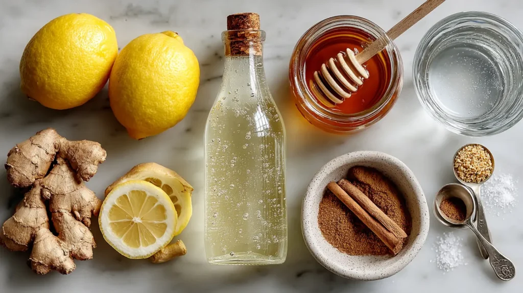 4 ingredient zepbound recipe fresh ingredients including raw apple cider vinegar with the mother organic lemons fresh ginger root Ceylon cinnamon sticks raw honey arranged on marble countertop