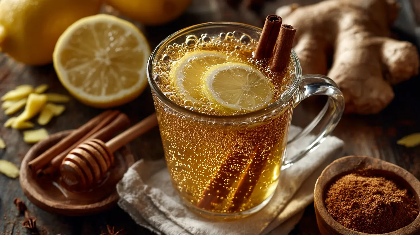 4 ingredient zepbound recipe morning elixir drink in glass mug with apple cider vinegar lemon slices cinnamon stick fresh ginger on wooden breakfast table