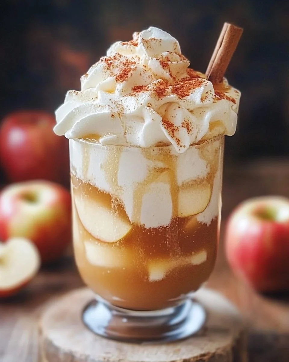 Delicious Apple Cider Float topped with ice cream and apples in a glass.