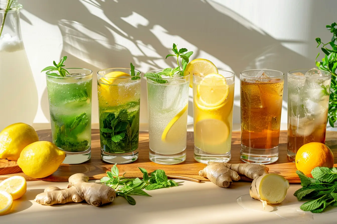 Row of tall glasses filled with fizzy lemon, mint, ginger, and iced tea drinks on a wooden board, surrounded by fresh lemons, ginger, and herbs in bright sunlight, showcasing refreshing morning beverages inspired by the baking soda trick.