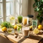 Bright wooden kitchen table set with various healthy morning drinks, including lemon water, green smoothie, herbal tea, and a frothy baking soda drink surrounded by fresh lemons, ginger, and herbs near a sunny window, illustrating the baking soda trick morning wellness routine.