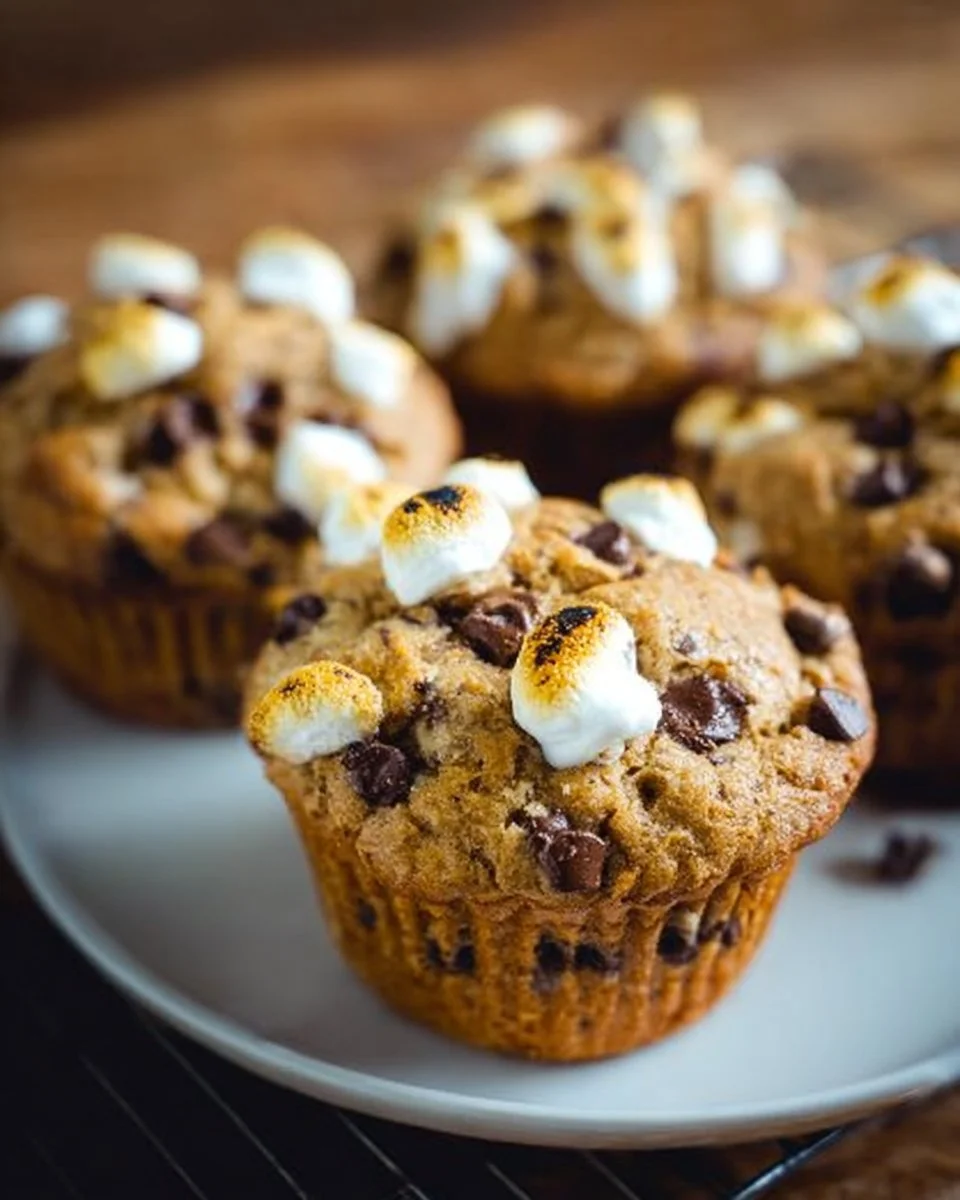 Delicious Banana S'mores Muffins displayed on a wooden table
