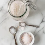 basic salt water flush recipe card with pink Himalayan salt and warm water jar