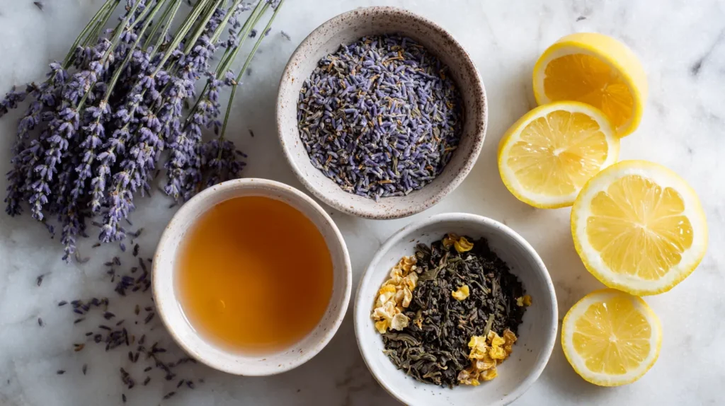 Benefits of Lavender Energy Drink 3 Flat lay of lavender, green tea, and citrus ingredients showcasing antioxidant benefits of lavender energy drink.