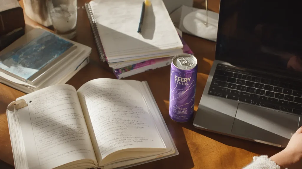 Benefits of Lavender Energy Drink 1 Woman studying at a desk with a lavender energy drink, enjoying the benefits of lavender energy drink for concentration.