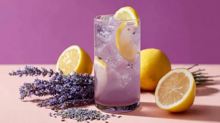 Glass of iced lavender energy drink on a table, illustrating the benefits of lavender energy drink for calm focus.