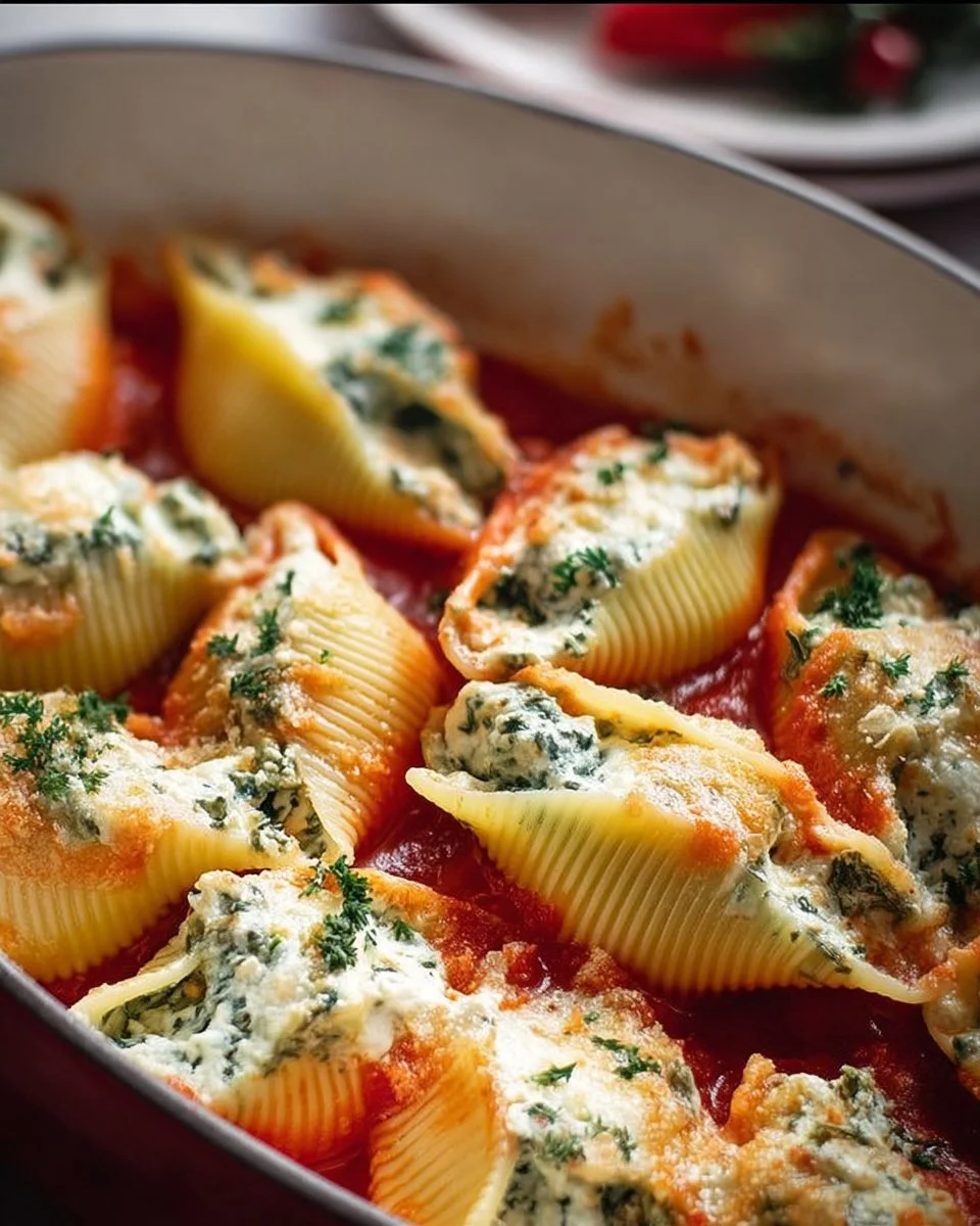 Delicious Christmas stuffed shells filled with cheese and herbs, ready for the festive table.