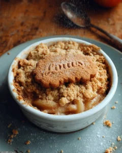 Delicious Biscoff Apple Crumble dessert served in a bowl with a crunchy topping