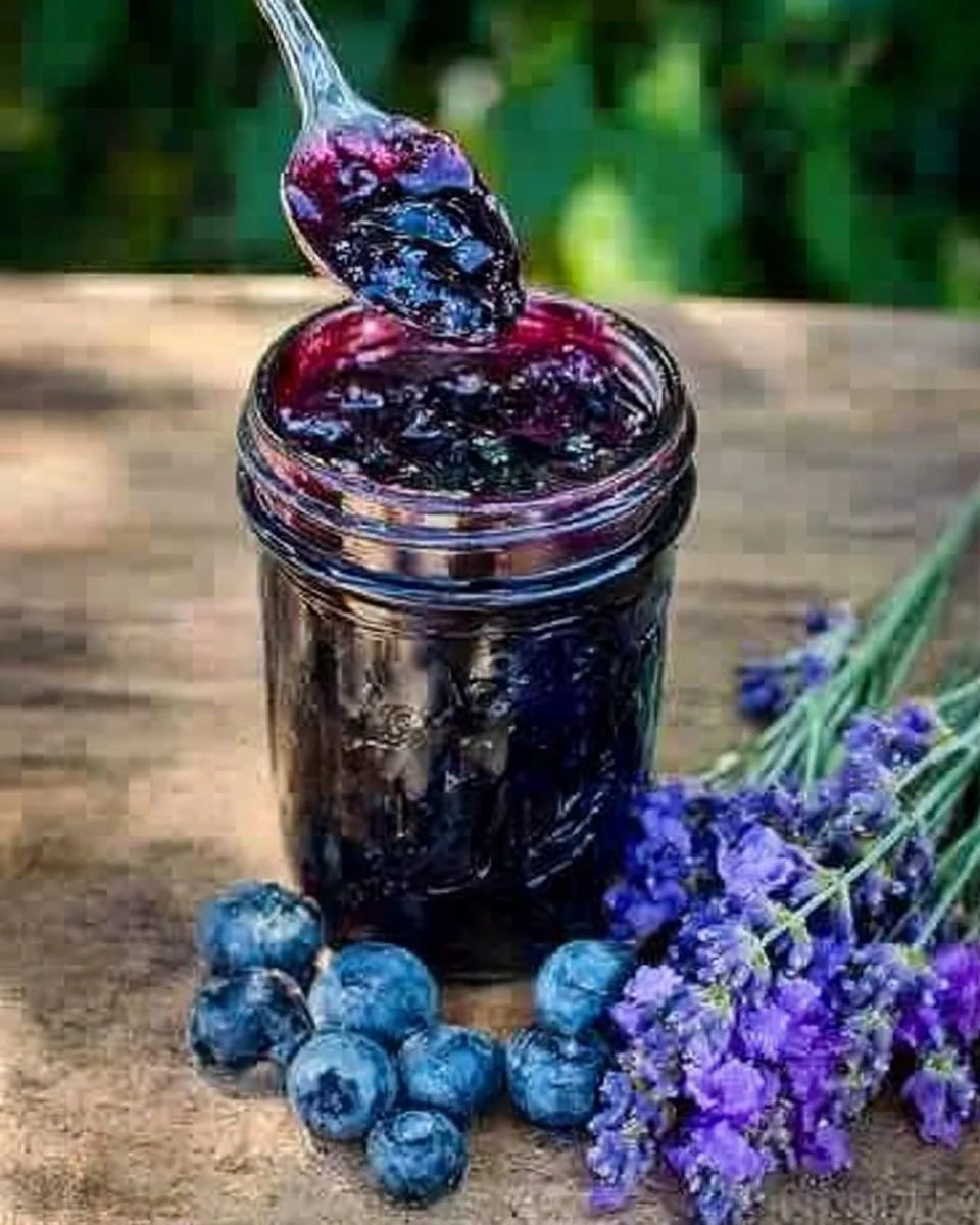 Homemade blueberry lavender jam in a jar with fresh blueberries and lavender flowers.