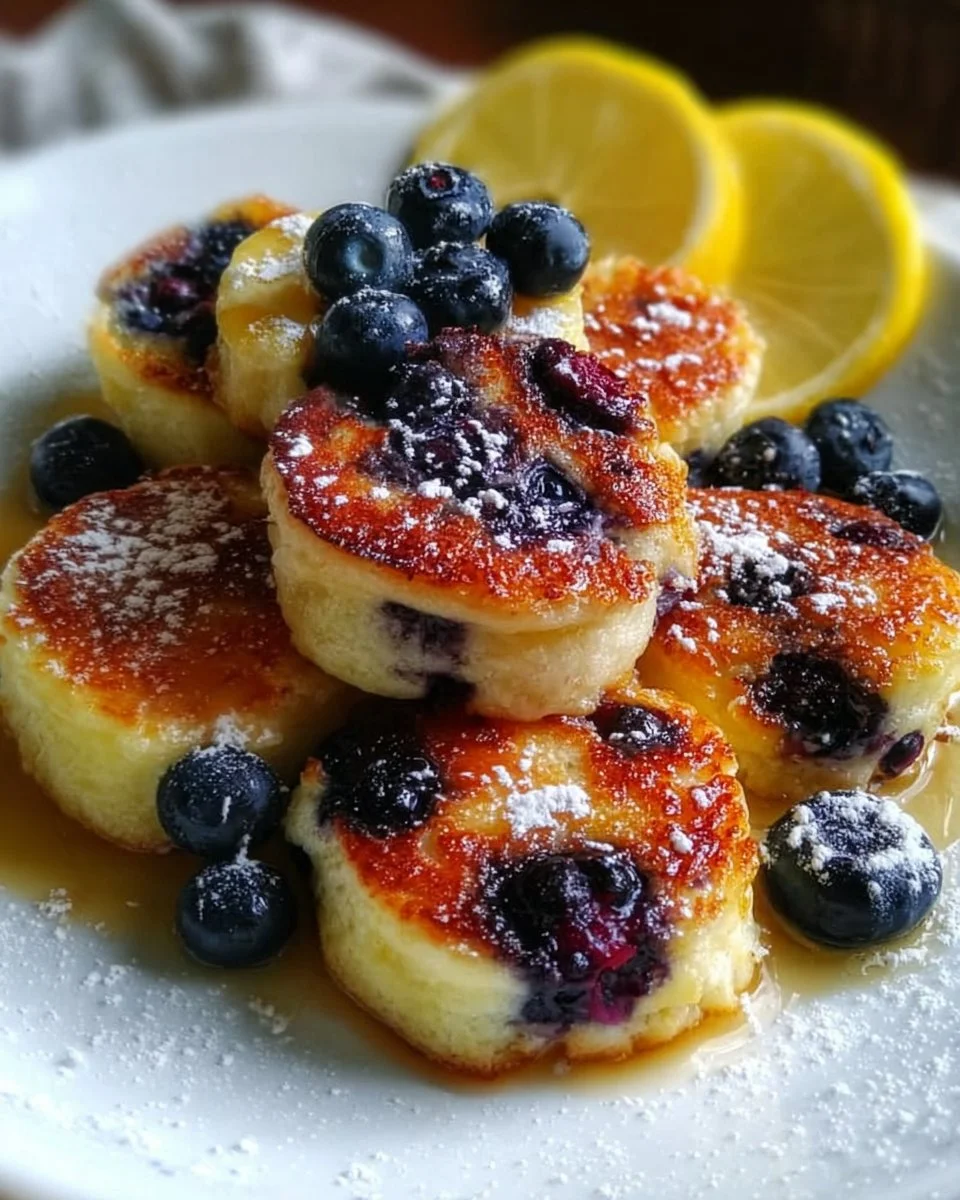 Delicious Blueberry Lemon Pancake Bites piled on a plate with syrup