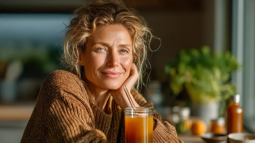 woman drinking brazilian zepbound recipe golden turmeric drink morning wellness routine