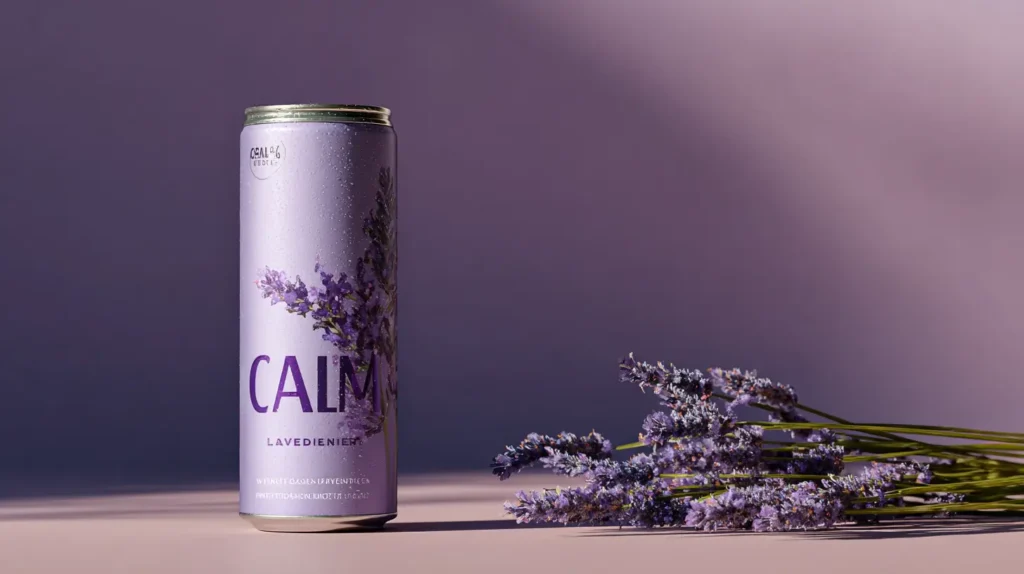 Canned calm energy drink with lavender and caffeine on a minimalist background.