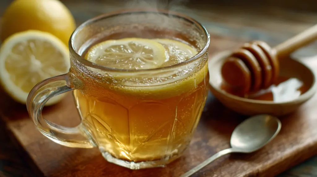 Close-up of Canaan Honey Trick Benefits drink with lemon and honey supporting gut health.