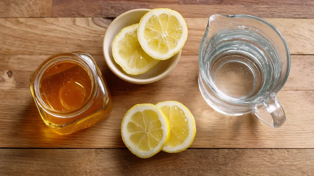 Step-by-step ingredients for Canaan Honey Trick Benefits with honey, lemon, and warm water.