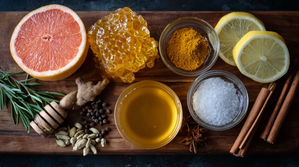 Raw honey, whole lemons, cinnamon, and ginger on a rustic wooden board for the Canaan honey trick.