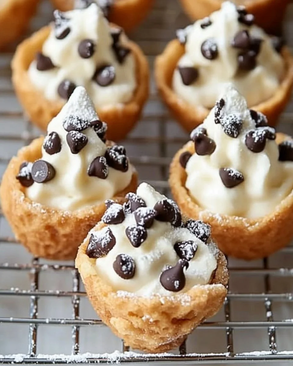 Plate of homemade cannoli bites filled with sweet ricotta cream.
