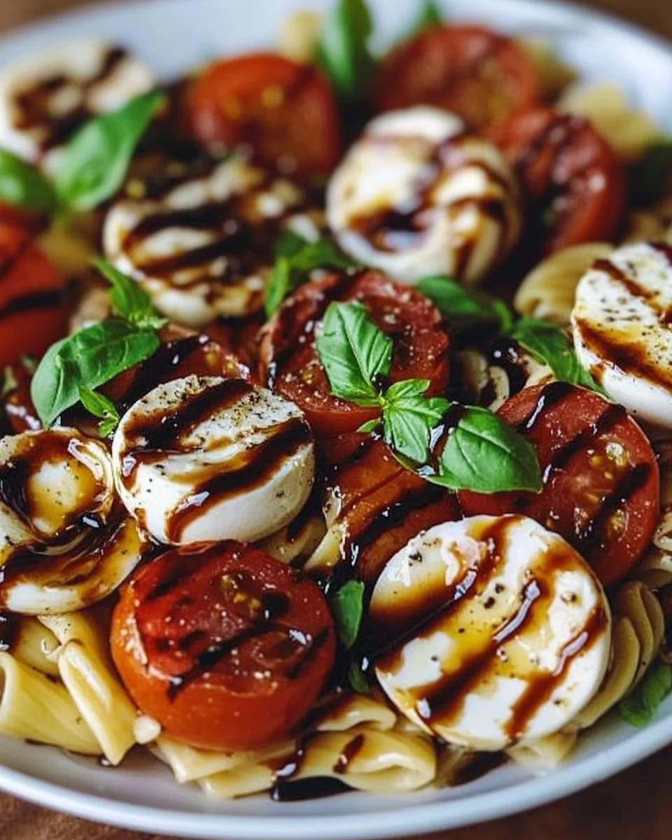 Delicious Caprese Pasta Salad with fresh mozzarella, tomatoes, and balsamic glaze