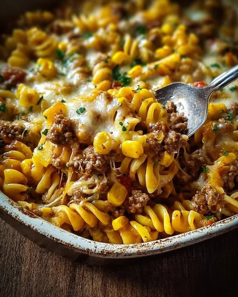 Cheddar Ranch Beef and Corn Pasta Bake with melted cheese and pasta in a dish