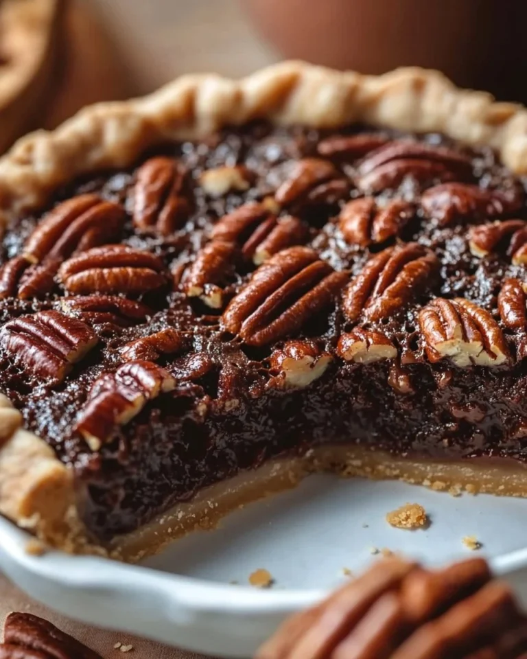 Delicious Chocolate Bourbon Pecan Pie with a rich chocolate and nutty filling