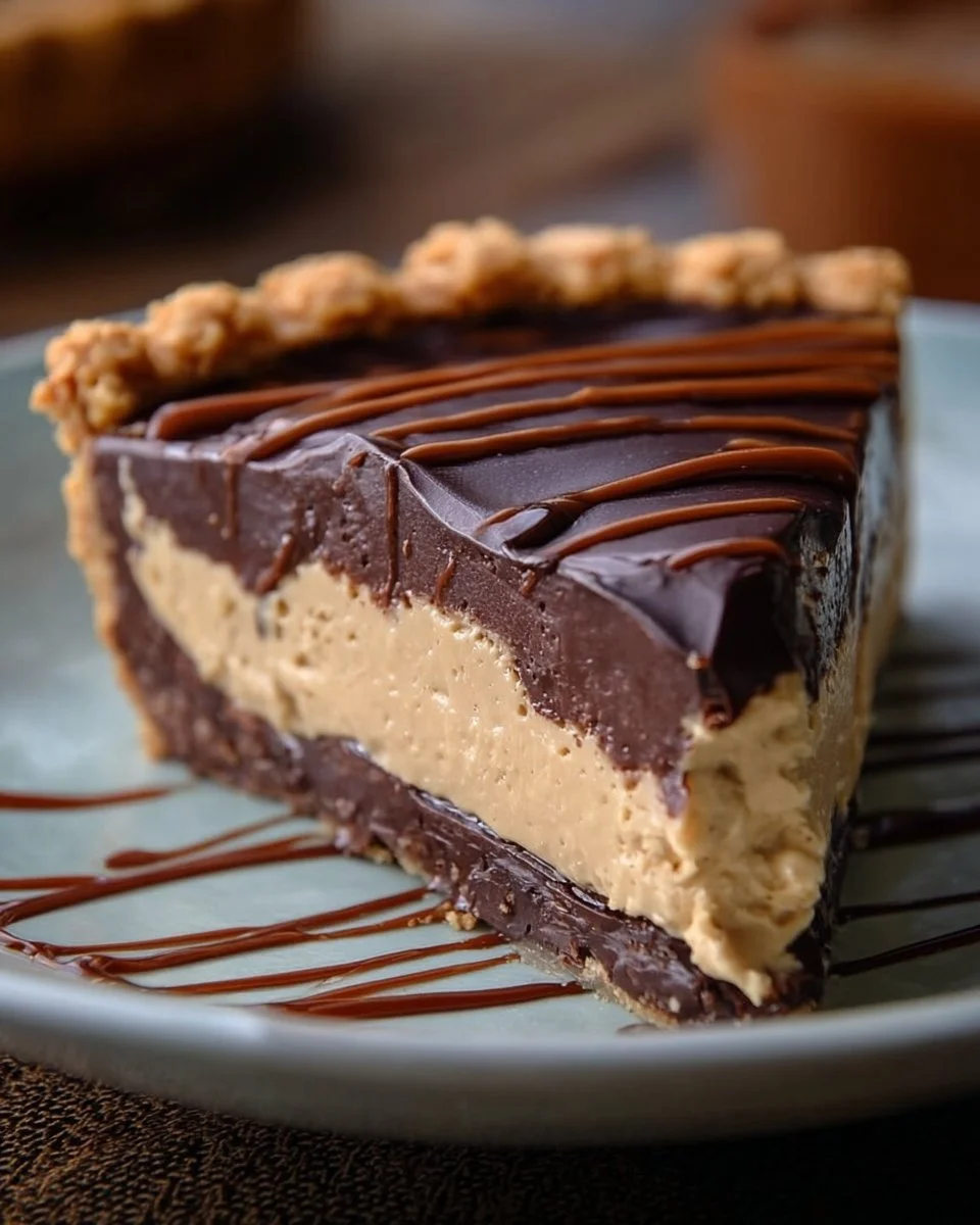 Delicious Chocolate Peanut Butter Pie topped with whipped cream and chocolate drizzle