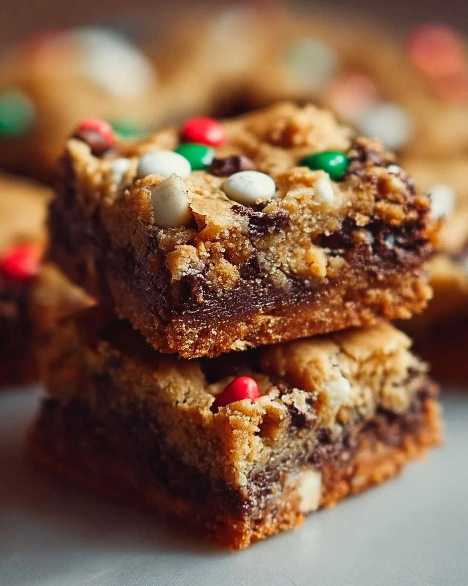 Delicious Christmas cookie bars decorated with festive sprinkles and chocolate.