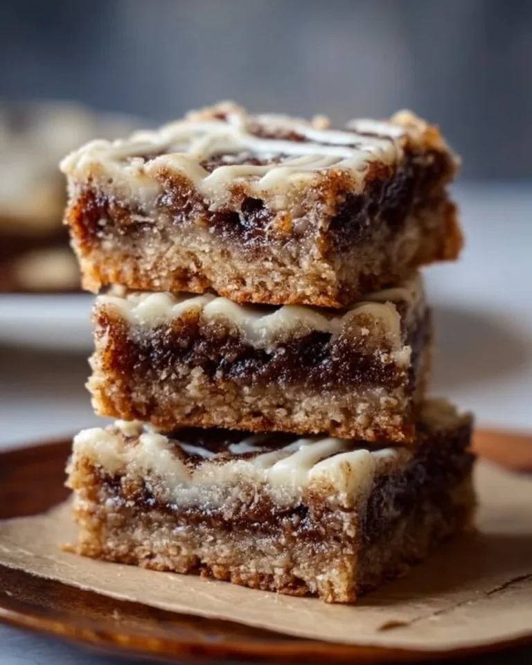 Delicious Cinnamon Roll Bliss Bars drizzled with icing on a wooden table.