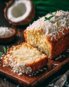 Delicious Coconut Loaf Cake served on a plate with tropical decorations.