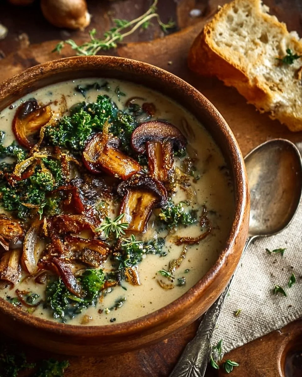 Bowl of comforting wild mushroom soup with caramelized onion and kale