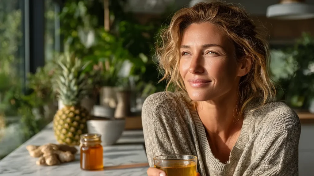 woman enjoying yummy costa rican tea during morning routine in modern kitchen representing successful weight loss lifestyle and healthy habits