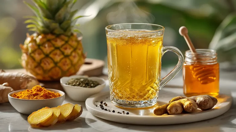 costa rican diet tea in clear glass showing golden color with fresh ingredients pineapple ginger turmeric green tea on white marble counter