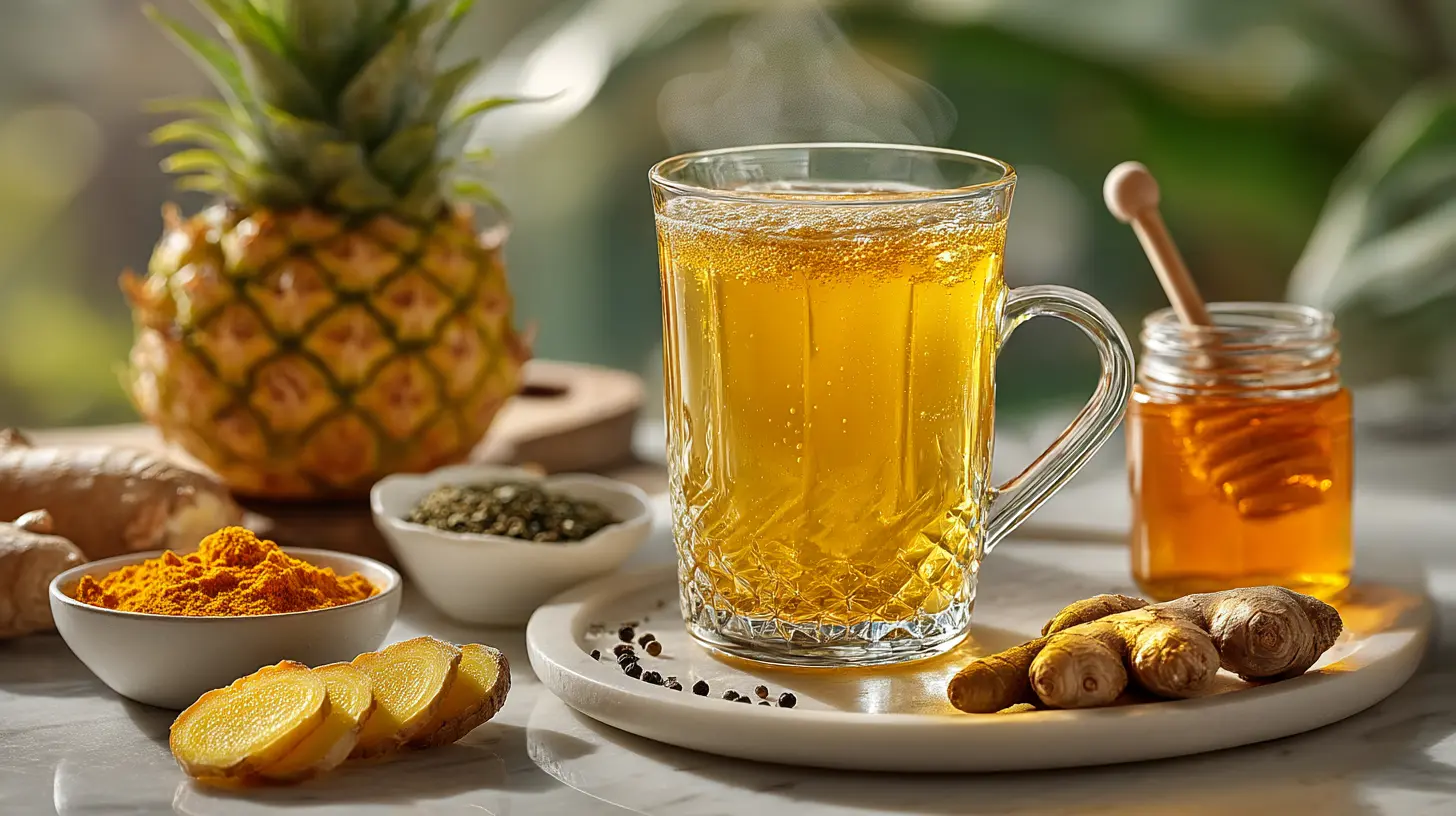 costa rican diet tea in clear glass showing golden color with fresh ingredients pineapple ginger turmeric green tea on white marble counter