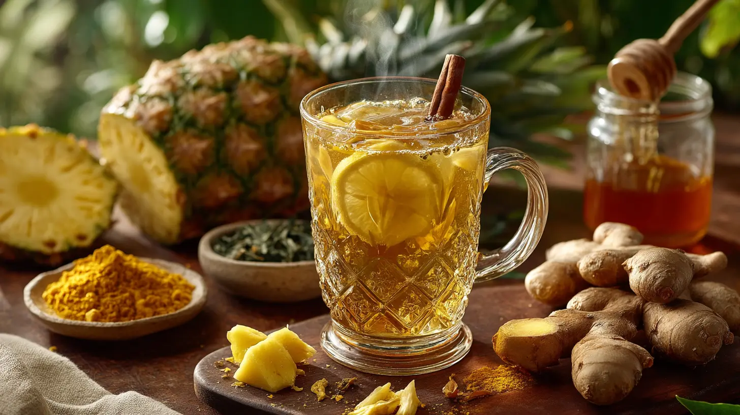 costa rican slimming tea in glass mug with fresh pineapple chunks ginger slices turmeric and green tea on tropical wooden table