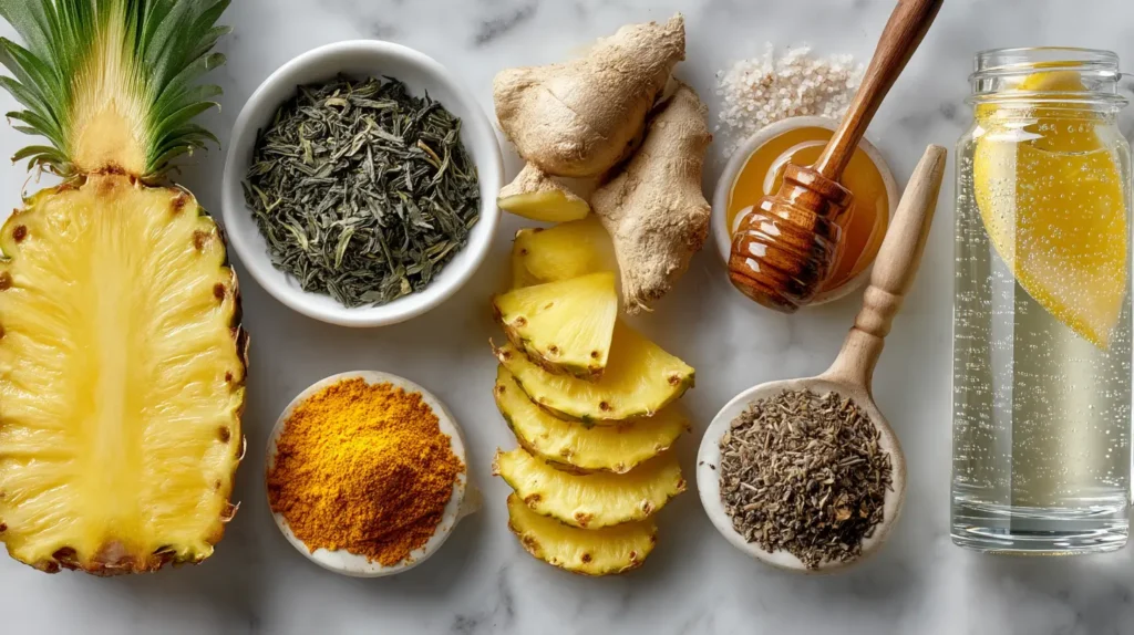 costa rican slimming tea ingredients including fresh pineapple ginger root ground turmeric green tea leaves raw honey black pepper arranged on marble countertop