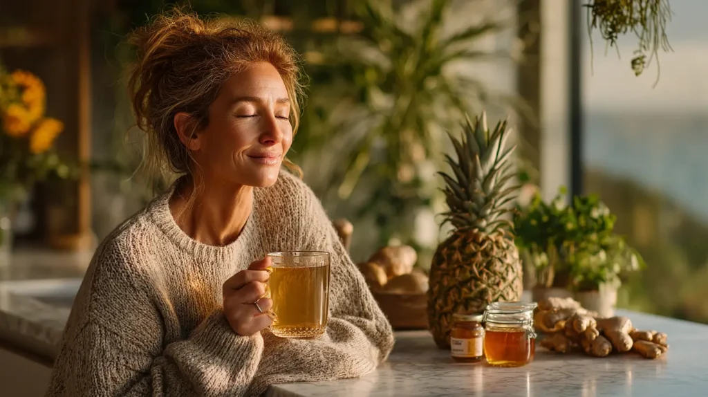 costa rican slimming tea woman enjoying morning weight loss drink at kitchen counter representing healthy post-bariatric surgery daily routine